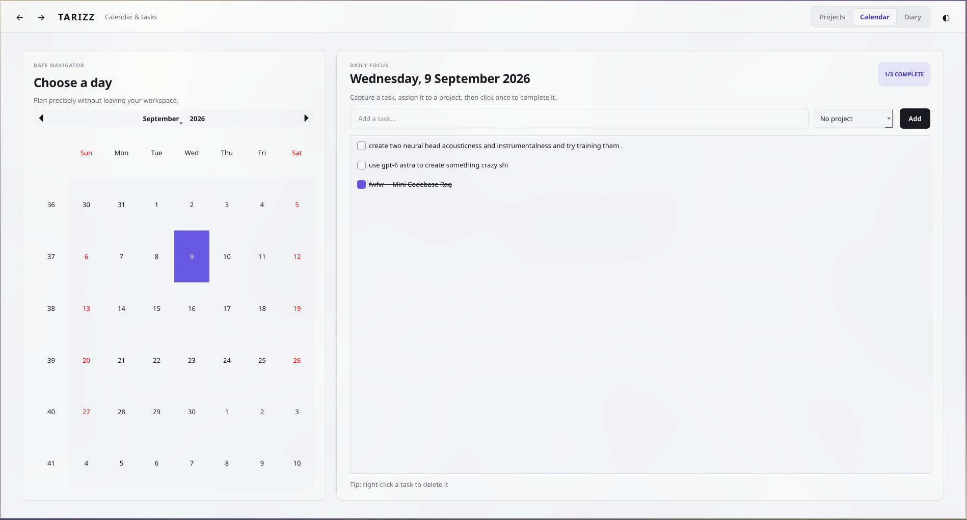 Tarizz calendar and daily task manager