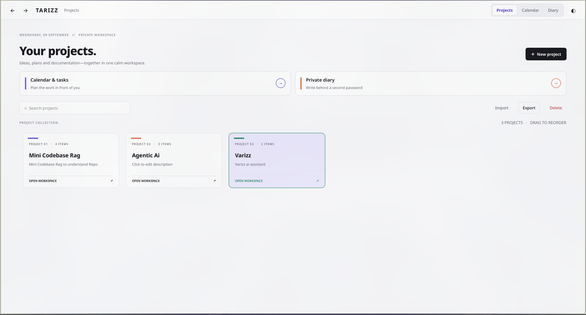 Tarizz project dashboard with draggable project cards, calendar, and diary shortcuts