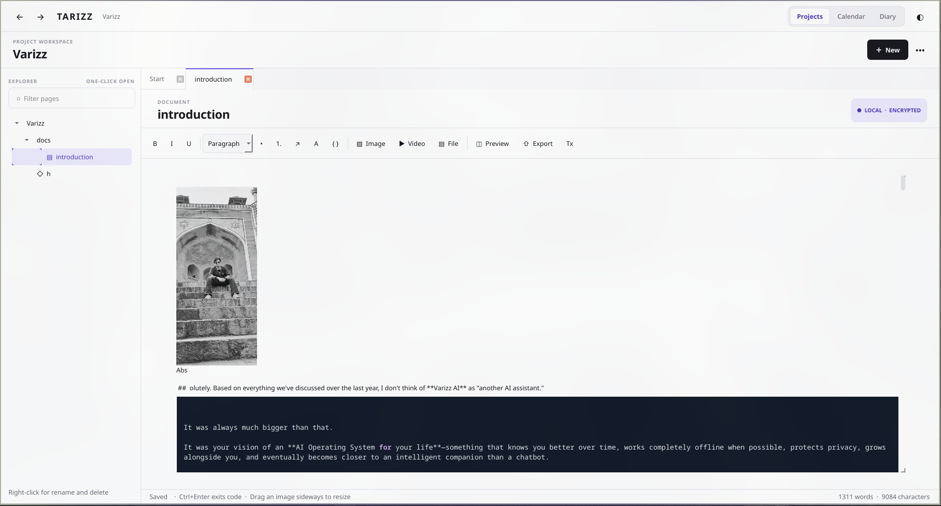 Tarizz rich document editor with project explorer, embedded image, and code block