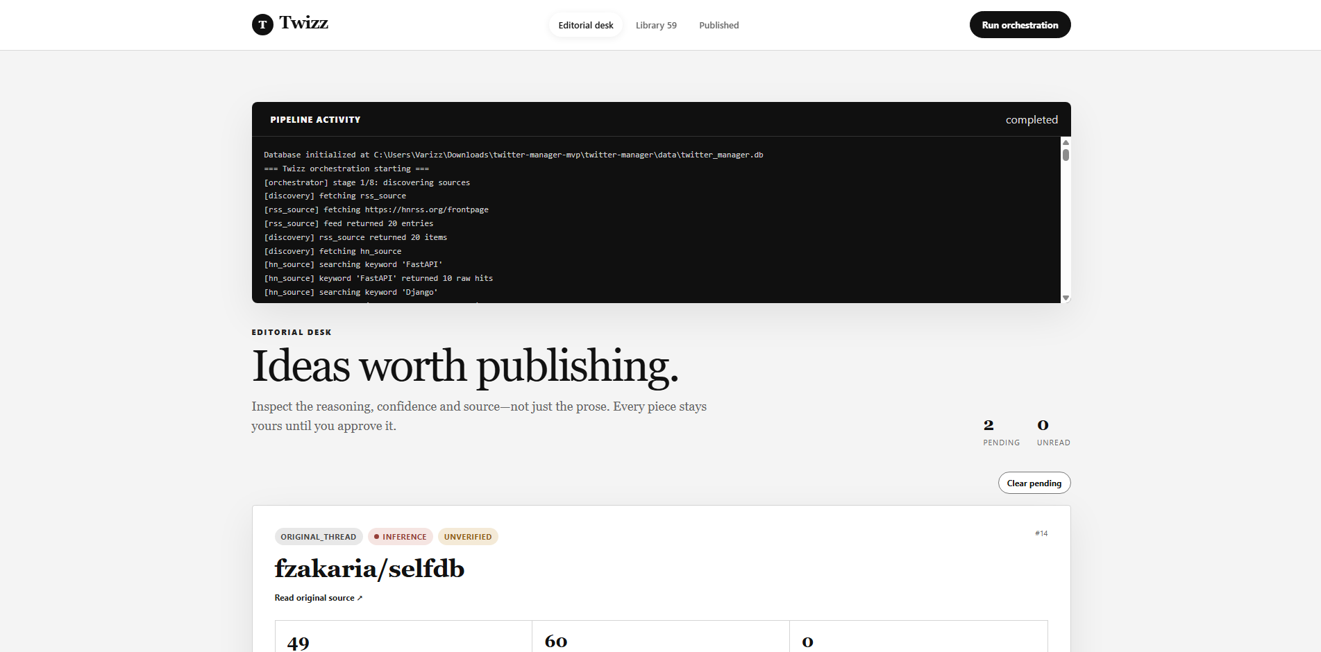 Twizz editorial desk showing pipeline activity and a proposal ready for review