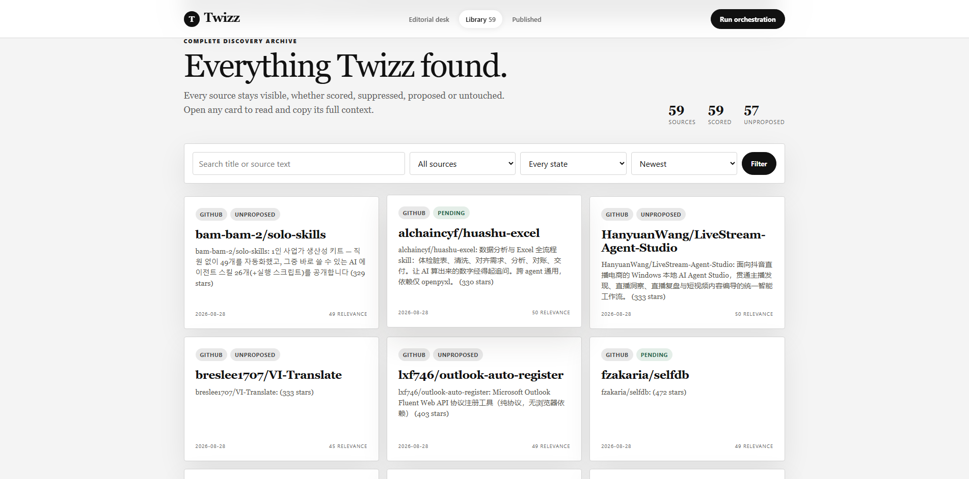 Twizz discovery library with filters and source cards